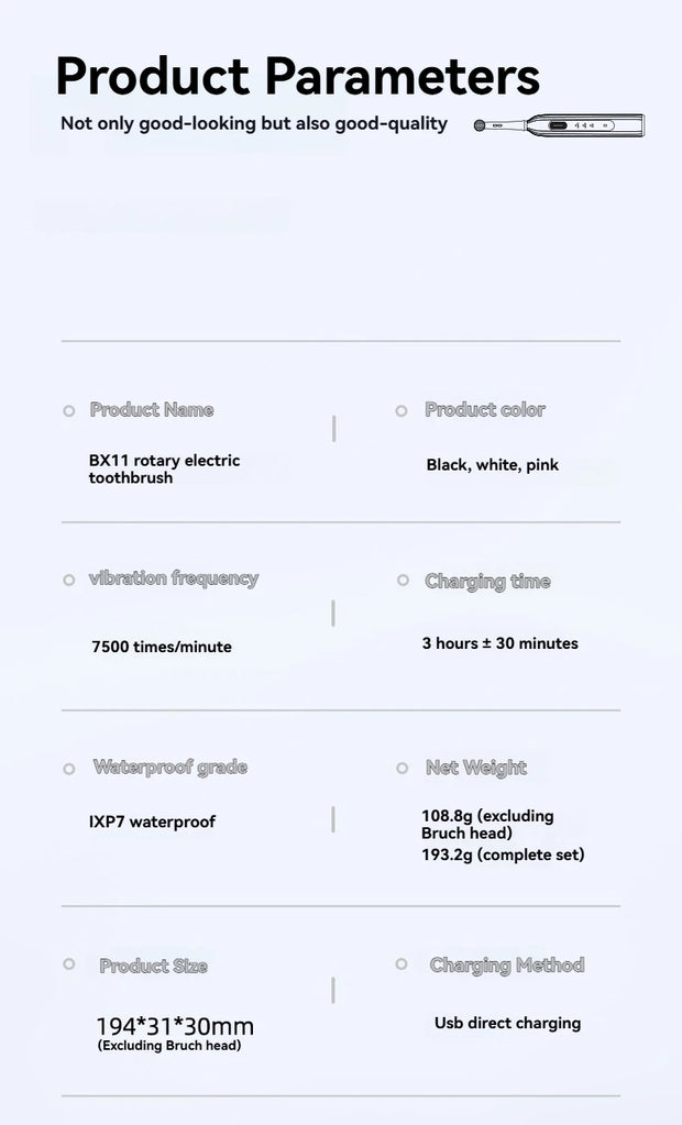 Rotating electric toothbrush suitable for adults, equipped with 6 brush heads, type-c charging, 3-speed 2-minute timed zoning
