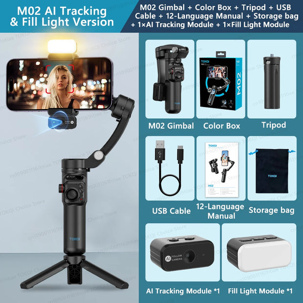 M02 New 3-Axis Handheld Gimbal Stabilizer for Smartphone with Wireless Remote for iPhone Android Phone Face Tracking Tiktok Vlog