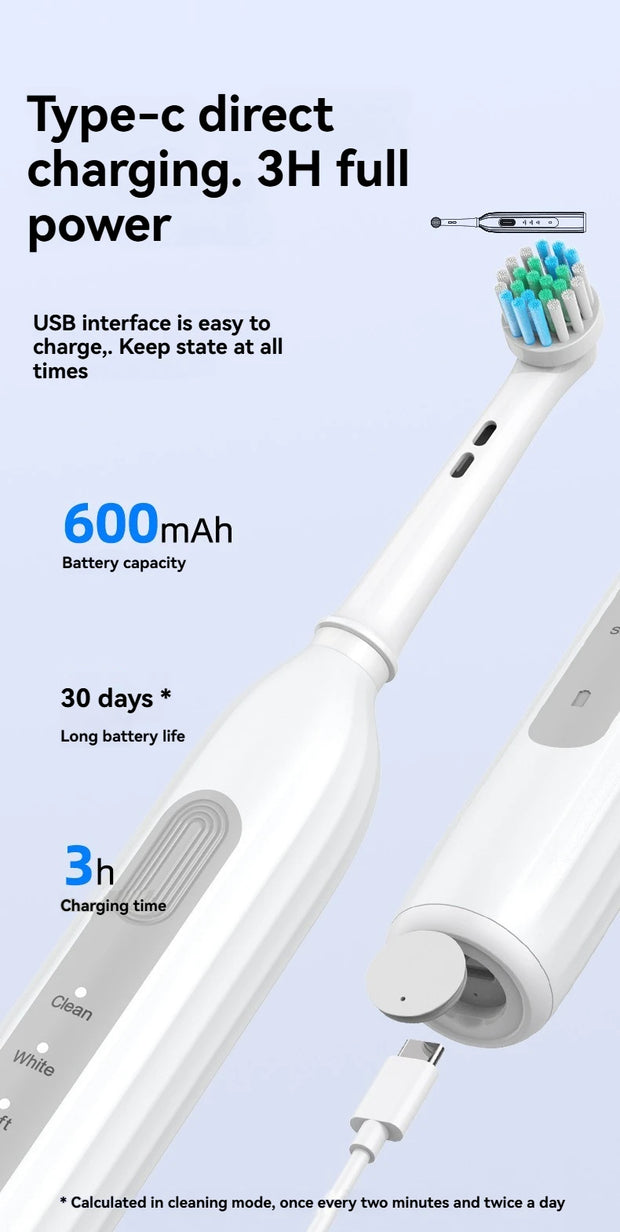 Rotating electric toothbrush suitable for adults, equipped with 6 brush heads, type-c charging, 3-speed 2-minute timed zoning