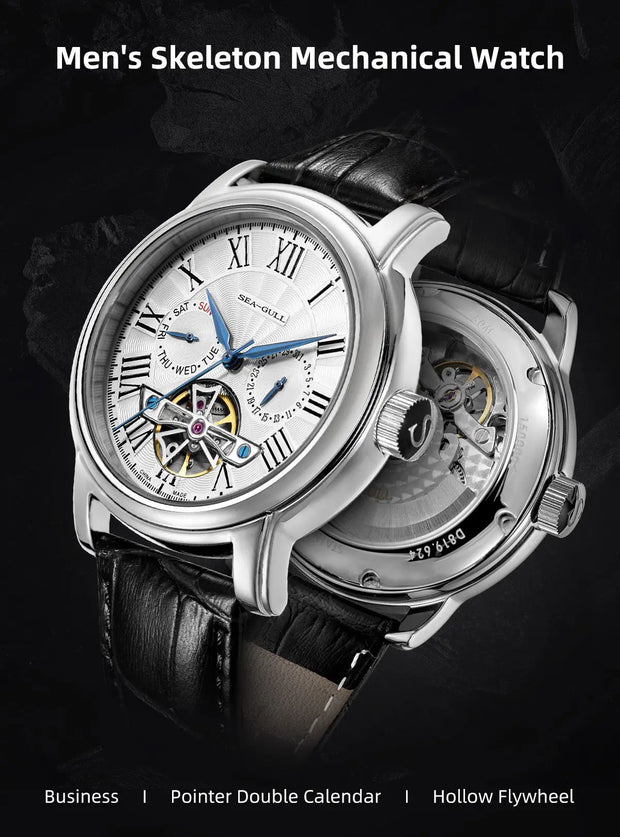 2025 New Seagull Men's Watch Automatic Mechanical Wristwatch Multi-Function Hollow Flywheel Business Simple Watch D819.622