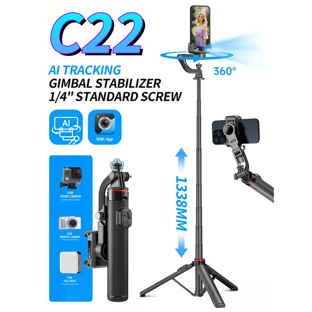 AI Face Tracking Handheld Gimbal Stabiliser 360° Shoot,Magnetic Remote Selfie Stick Tripod for Smartphone,1/4'' Screw for Camera