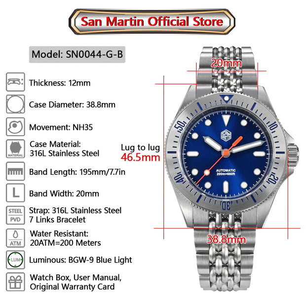 San Martin Original Design 38.8mm Upgrade Diver Watch Sunburst Enamel Dial NH35 Automatic Mechanical Luxury Waterproof 200m Lume