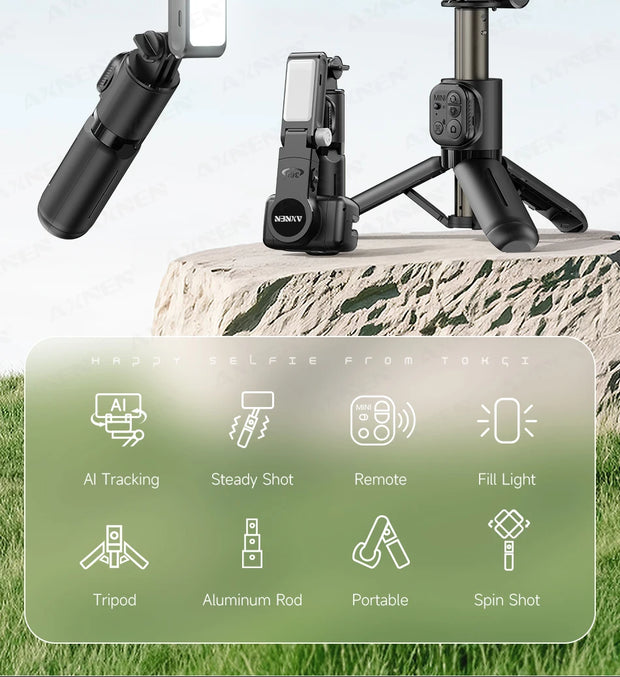 360° AI Handheld Gimbal Mobile Phone Anti-Shake Stabilizer Auto Face Tracking Aluminum Rod With Fill Light Optional Microphone