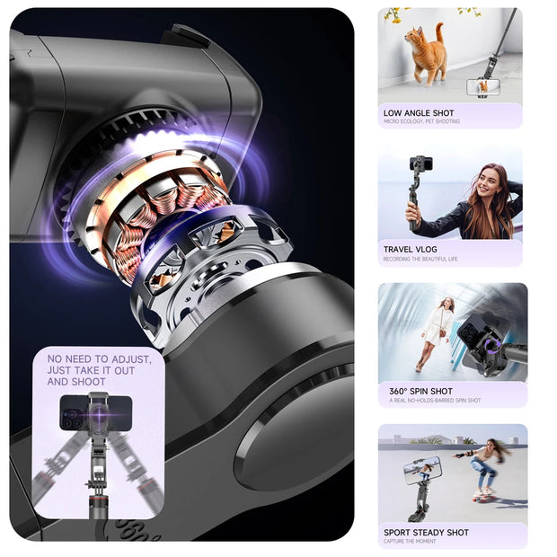 AI Face Tracking Handheld Gimbal Stabiliser 360° Shoot,Magnetic Remote Selfie Stick Tripod for Smartphone,1/4'' Screw for Camera