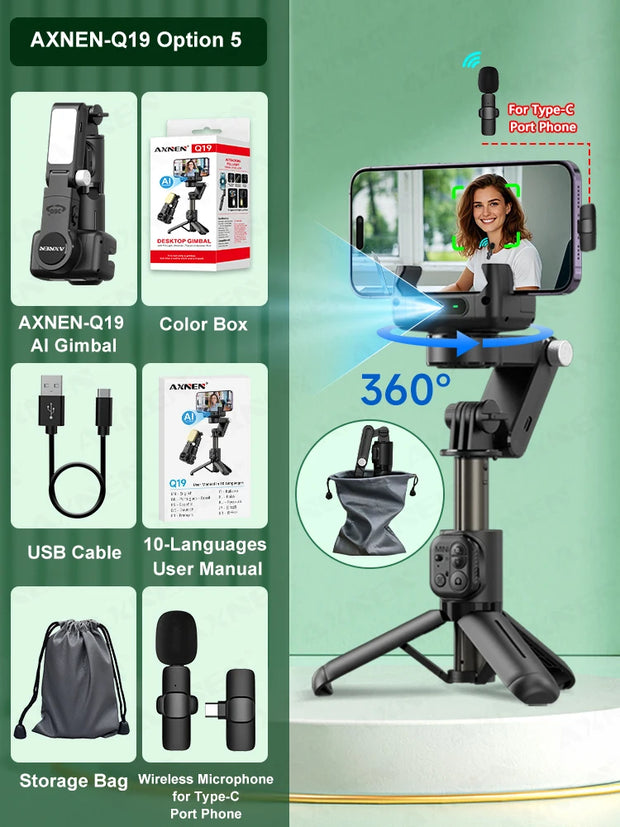 AXNEN Q19 AI Desktop Gimbal Stabilizer 360 Rotation Auto Face Tracking Mobile Phone Handheld Anti-shake Selfie with Fill Light