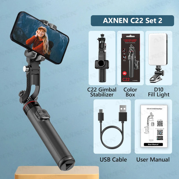 AXNEN C22 AI Tracking 360° Rotational Shoot Deskpot Handheld Gimbal Tripod Extendable Selfie Stick Wireless Remote for Vlog