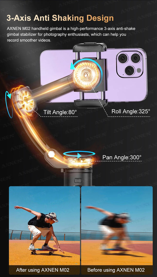 AXNEN M02 Gimbal Smartphone Stabilizer 3-Axis Anti-shake Video Record Handheld Selfie Gimbals for iPhone Android Face Tracking