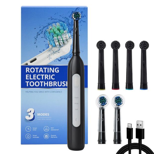 Rotating electric toothbrush suitable for adults, equipped with 6 brush heads, type-c charging, 3-speed 2-minute timed zoning