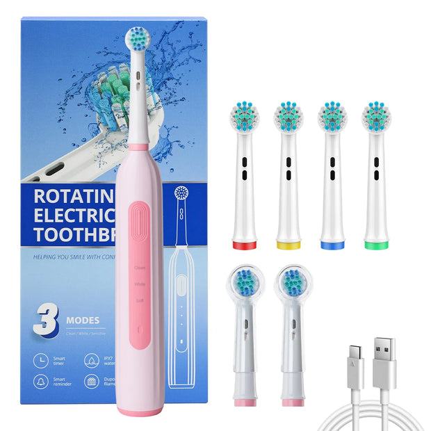 Rotating electric toothbrush suitable for adults, equipped with 6 brush heads, type-c charging, 3-speed 2-minute timed zoning