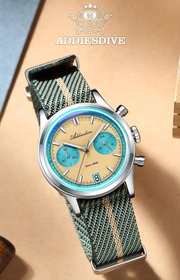 ADDIESDIVE Hot Sale AD2095 Watches For Men Multifunction Chronograph 38mm AR Coating Quartz WristWatches VK64 Waterproof Clock