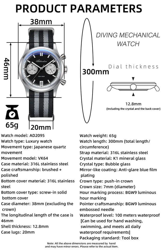 ADDIESDIVE Hot Sale AD2095 Watches For Men Multifunction Chronograph 38mm AR Coating Quartz WristWatches VK64 Waterproof Clock