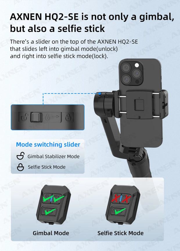 AXNEN HQ2 SERIES Mobile Phone Stabilizer Handheld Gimbal for Smartphone Gopro Action Camera Extension Rod Selfie Stick Tripod
