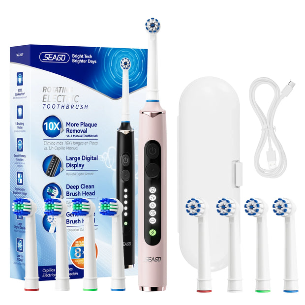 Seago Rotating Electric Toothbrush for Adults with 8 Toothbrush Heads and Travel Box Smart Display 5 Modes Waterproof SG-2607