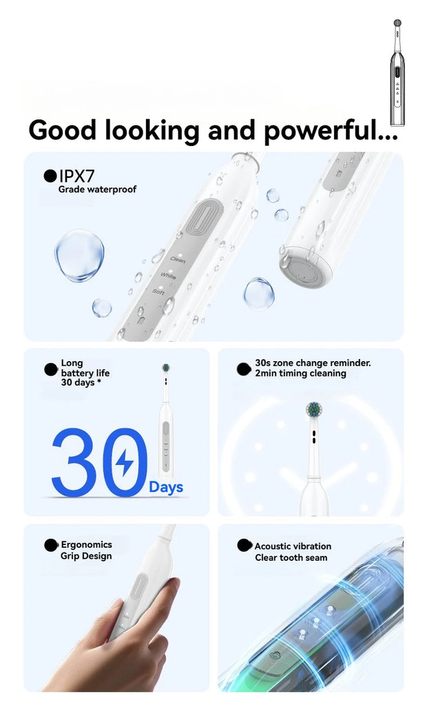 Rotating electric toothbrush suitable for adults, equipped with 6 brush heads, type-c charging, 3-speed 2-minute timed zoning