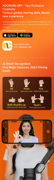 AOCHUAN 3-Axis Handheld Gimbal Stabilizer for Smartphone with Fill Light for iPhone Android Face Tracking Vlog Smart XE