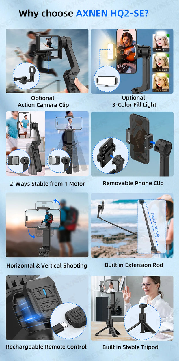 AXNEN HQ2 SERIES Mobile Phone Stabilizer Handheld Gimbal for Smartphone Gopro Action Camera Extension Rod Selfie Stick Tripod