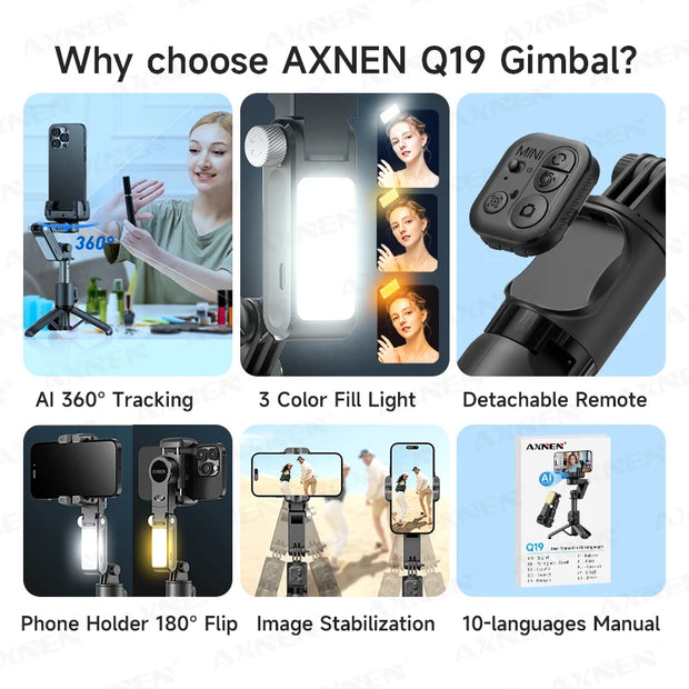 360° AI Handheld Gimbal Mobile Phone Anti-Shake Stabilizer Auto Face Tracking Aluminum Rod With Fill Light Optional Microphone