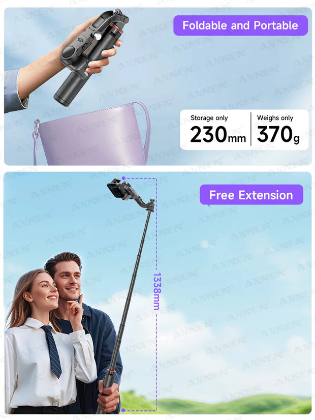 AXNEN C22 AI Tracking 360° Rotational Shoot Deskpot Handheld Gimbal Tripod Extendable Selfie Stick Wireless Remote for Vlog