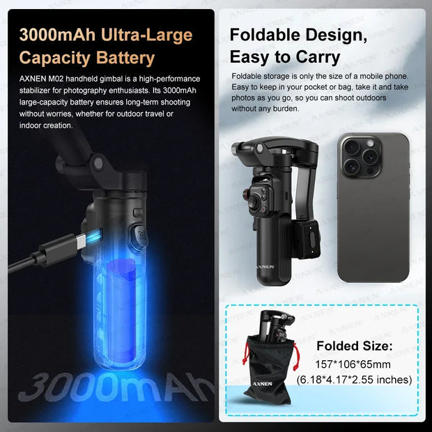 AXNEN M02 Gimbal Smartphone Stabilizer 3-Axis Anti-shake Video Record Handheld Selfie Gimbals for iPhone Android Face Tracking