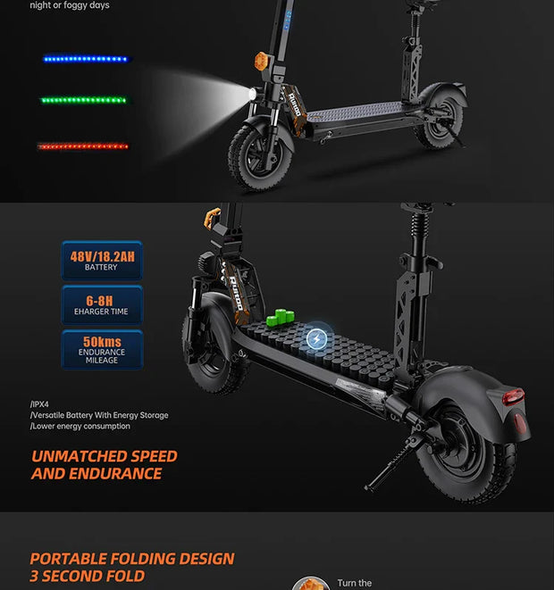 RuiToo RT6 1000W powerful  48V18.2AH Drive Electric scooters electr 10inch Tires Folding eScooter For Adult Raycool